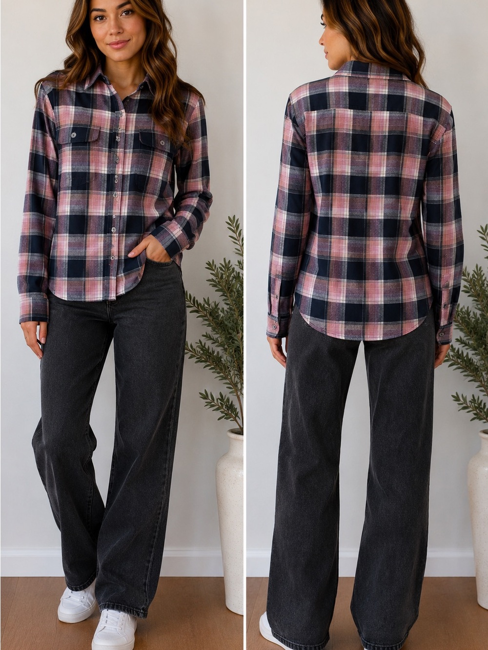 Ridgecut Toughwear Women’s M Pink Navy Plaid Utility Flannel Shirt